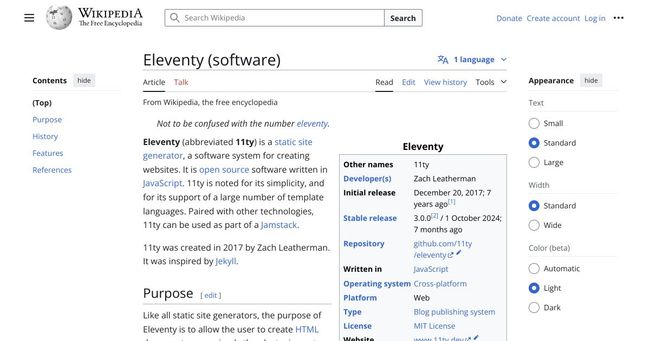A screenshot of the Wikipedia page for Eleventy